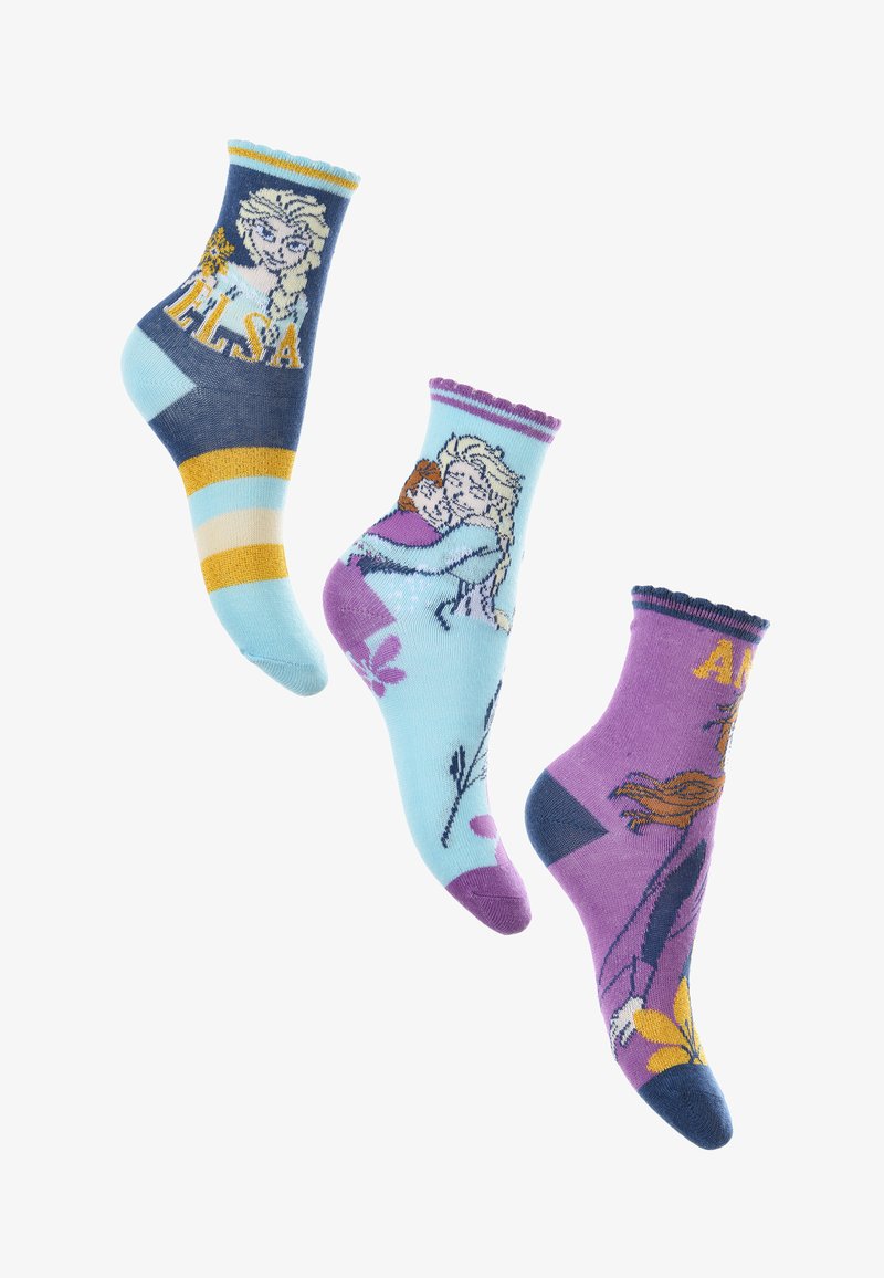 Tres pares de calcetines de algodón con diseños coloridos: uno con rayas azules y amarillas, otro con gráficos de Elsa y Anna, y un acento floral.