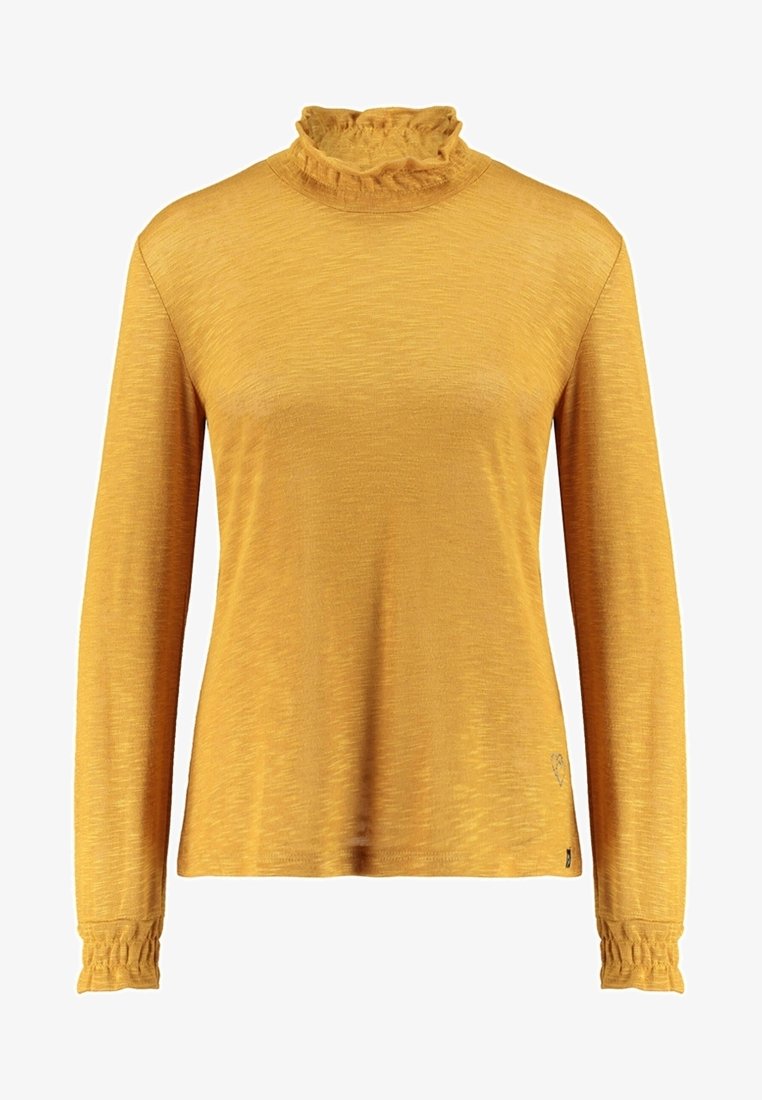 Haut pour femmes à manches longues couleur jaune moutarde avec col montant et poignets à volants, en tissu doux et texturé.