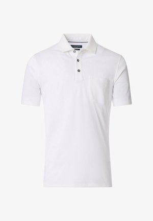 Weißes Poloshirt aus weichem Stoff, mit klassischem Kragen, drei Knöpfen und einer einzelnen Brusttasche. Kurze Ärmel und glatte Textur.