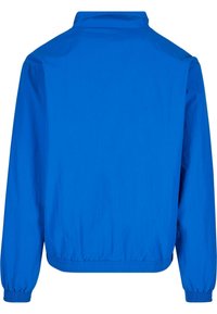 Blue windbreaker jacket with a high collar, elastic cuffs, and a gathered hem. Smooth texture, lightweight material, and minimalistic design.