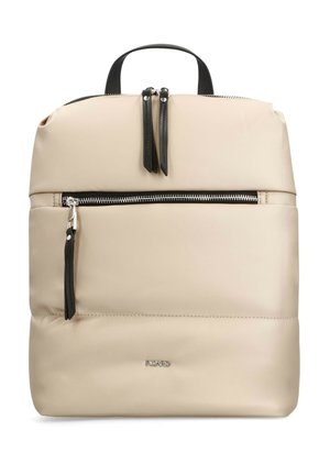 Beige backpack with a smooth, matte finish. Features two zippered compartments, black hardware accents, and a top handle. Subtle brand logo at the bottom.