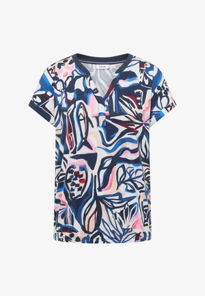 Lyhythihainen V-kaula-aukkoinen paita, jossa abstrakteja kukka- ja geometrisia kuvioita tummansinisen, sinisen, vaaleanpunaisen, valkoisen ja viininpunaisen sävyissä.