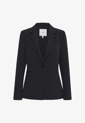 Juodas moteriškas kostiuminis švarkas su formuotais atvartais, vienos sagos užsegimu ir dviem priekinėmis kišenėmis su plyšiais, pažymėtas ICHI prekės ženklu.