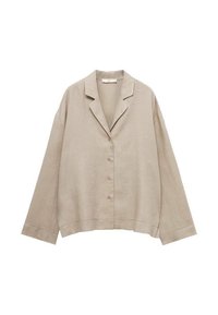 Beige linen shirt with a relaxed fit, notched collar, and five buttons. Features long sleeves and a straight hem with subtle stitching detail.