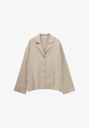 Beige Leinenhemd mit lockerer Passform, Notchkragen und fünf Knöpfen. Verfügt über lange Ärmel und einen geraden Saum mit dezenten Stichdetails.