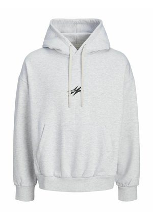 Sweat à capuche gris clair en tissu doux, avec une poche frontale, des poignets côtelés et un logo noir sur la poitrine.