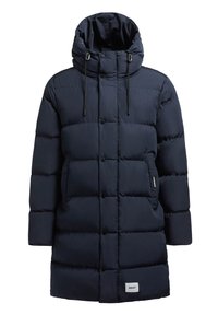 Tumed puffer-jakk, millel on kõrge krae ja reguleeritav nööriga kapuuts, varustatud nupuvajutustega, tikanditekstuuriga ja küljetaskutega.