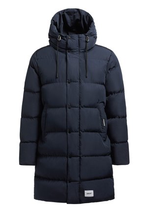 Chaqueta acolchada azul marino con un alto cuello y capucha ajustable con cordón, que presenta botones a presión, textura acolchada y bolsillos laterales.