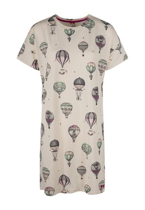 Cremfarbenes Kurzarmkleid mit einem allover Print von Vintage-Heißluftballons in Grün-, Schwarz- und Pinktönen.