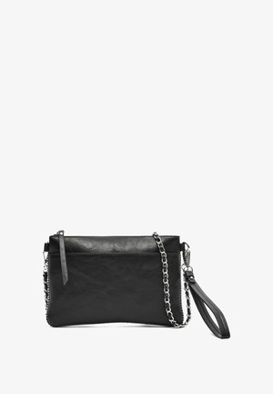 Black leather clutch bag with a textured finish, silver-tone chain strap, zip closure, and a detachable wrist strap.