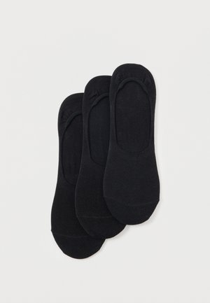 Trois paires de chaussettes noires basses invisibles disposées en chevauchement sur un fond blanc.