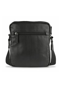 Schwarze Ledertasche mit quadratischer Form, mit Reißverschluss versehenem Frontfach und verstellbarem Tragegurt. Glatte Textur mit minimalistischem Design und ohne sichtbare Muster.