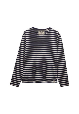 Maglia a maniche lunghe con righe orizzontali blu navy e bianche, collo rotondo e etichetta Superdry all'interno del colletto.