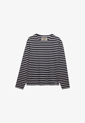 Maglia a maniche lunghe con righe orizzontali blu navy e bianche, collo rotondo e etichetta Superdry all'interno del colletto.