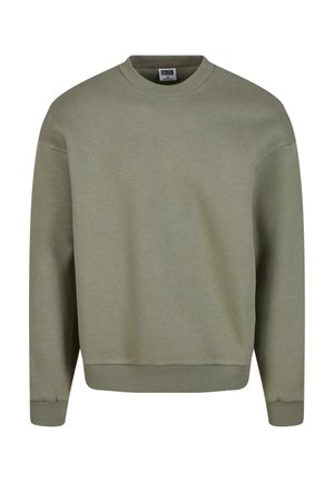 Olive green sweatshirt made of soft fabric, featuring a crew neckline, long sleeves, ribbed cuffs, and a relaxed fit design.