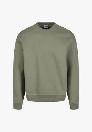 Olivno zeleni pulover iz mehkih tkanin, s krožnim izrezom, dolgimi rokavi, rebrastimi manšetami in sproščenim krojem.