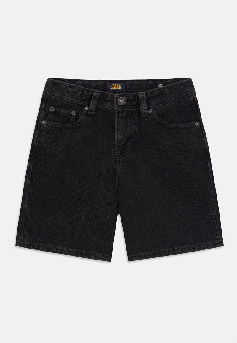 Pantaloni corti in denim nero con tasche frontali, passanti per cintura, chiusura con bottone e una piccola etichetta del marchio sulla vita.