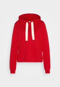 Sudadera roja de algodón con un corte holgado, que presenta una capucha con cordón y lazos de acento en color crema. Mangas largas con puños de canalé.