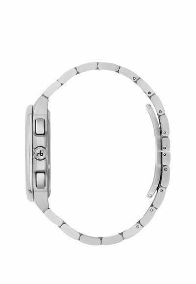 Ceas din oțel inoxidabil argintiu, cu carcasă rotundă, două butoane laterale și o brățară cu lanț, având linkuri plate, periate și accente circulare.