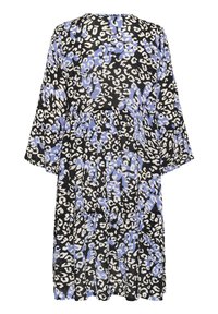 Schwarzes Kleid mit blau-weißer abstrakter Leopardenmuster, kurzen Glockenärmel, runder Halsauschnitt und gestuftem Rockdesign.