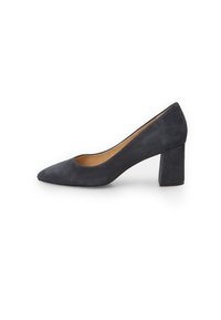 Décolleté grigio scuro in suede con punta affilata e tacco quadrato solido, caratterizzato da una superficie liscia e un taglio basso lungo i lati.
