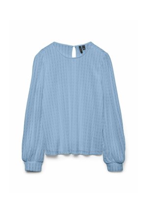 Taevassinine pikkade varrukatega särk, millel on tekstuurse triibulise mustriga, ümar kaelus, seljal võtmeaugudetail ja elastsed varrukaotsad.