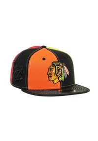 Black and multicolored cap featuring an embroidered Native American head logo, with a flat brim and contrasting panel design.
