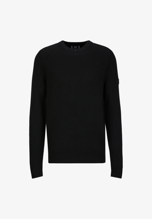 Black round-neck sweater with long sleeves, ribbed cuffs and hem, made from knitted fabric. Features a small logo patch on one sleeve.
