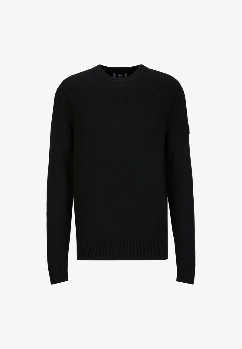 Schwarzer Rundhals-Pullover mit langen Ärmeln, gerippten Bündchen und Saum, aus Strickstoff gefertigt. Verfügt über ein kleines Logo-Patch an einem Ärmel.