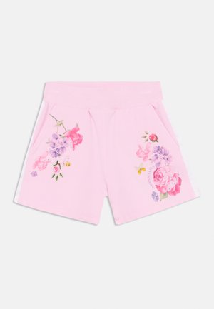 Różowe szorty z bocznymi kieszeniami, kwiatowymi i motylkowymi nadrukami na każdej nogawce oraz szerokim elastycznym pasem.