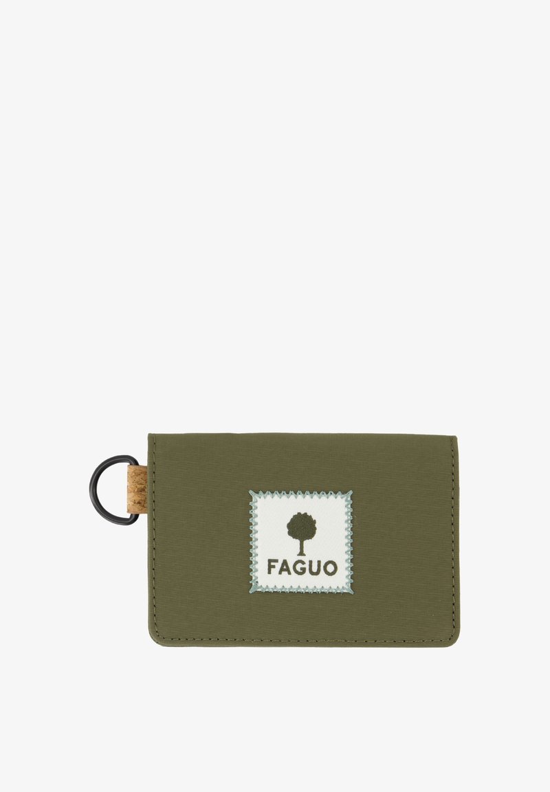 Green fabric wallet with a cork loop and black ring, featuring a white patch with a tree logo and "FAGUO" text on front center.