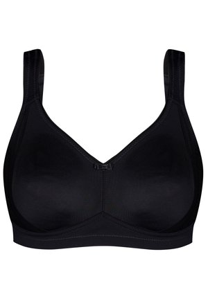 Schwarzer kabelloser BH mit breiten Trägern, glatter Textur, V-Ausschnitt-Design und einem kleinen Haken in der Mitte. Ohne Unterdraht, mit voller Bedeckung.