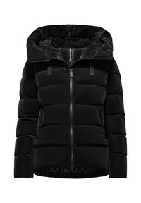 Giacca a vento nera con cappuccio rimovibile, chiusura con zip e design trapuntato con sezioni orizzontali. Realizzata in un materiale liscio e lucido.