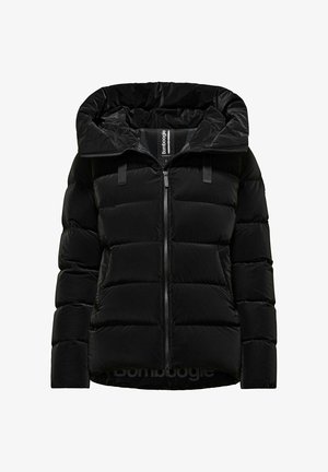 Giacca a vento nera con cappuccio rimovibile, chiusura con zip e design trapuntato con sezioni orizzontali. Realizzata in un materiale liscio e lucido.