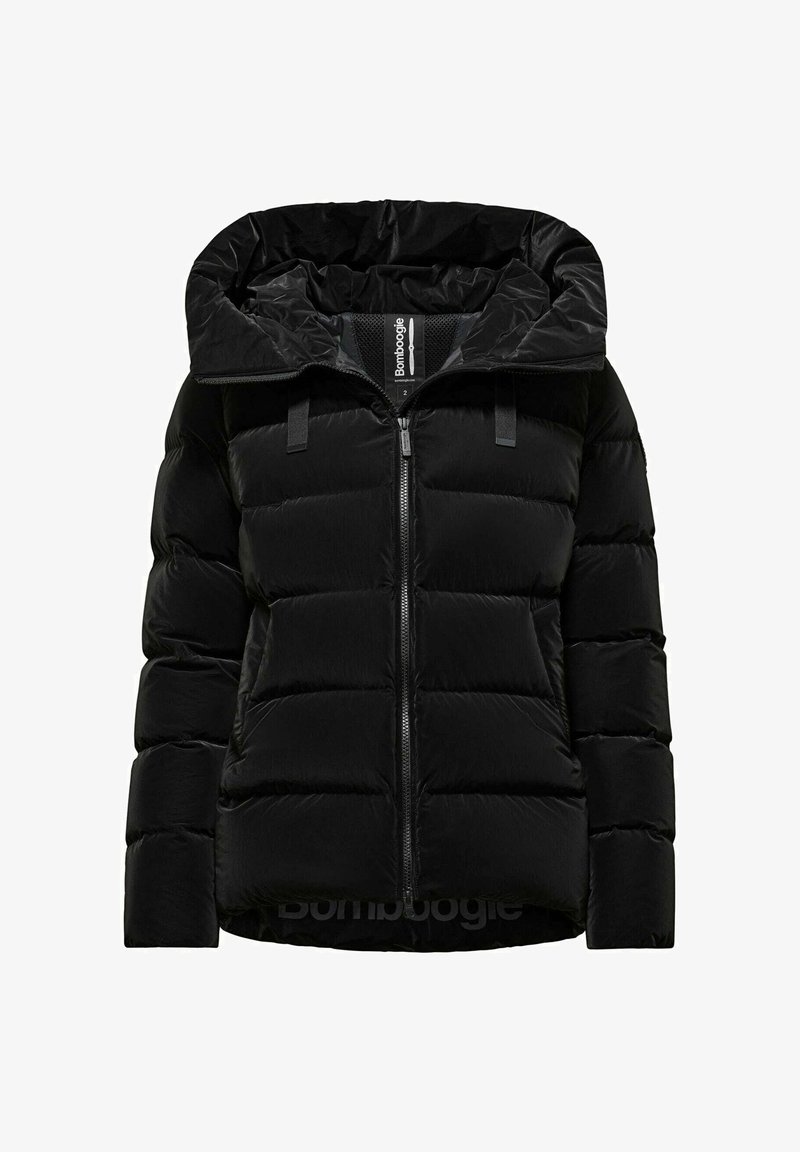 Giacca a vento nera con cappuccio rimovibile, chiusura con zip e design trapuntato con sezioni orizzontali. Realizzata in un materiale liscio e lucido.