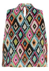 Ärmlös topp med hög krage, som har ett livligt diamantmönster i rosa, orange, grönt, blått och svart. Detalj med nyckelhål bakåt.