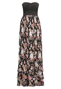 Vestido maxi sin tirantes con un cuerpo texturizado negro y una falda fluida en capas que presenta un patrón floral en rosa, blanco y marrón sobre un fondo negro.