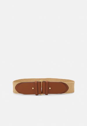 Wide beige woven belt with brown leather front panels and a gold circular buckle clasp at the center.