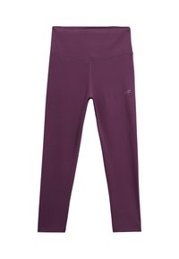 Leggings de entrenamiento morados con una cinturilla ancha, hechos de una tela suave y elástica, con costuras cosidas y un pequeño logo.