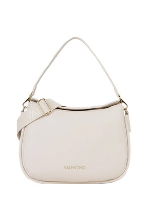 Borsa a tracolla beige Valentino con ferrature dorate, tracolla in tessuto regolabile e forma rettangolare arrotondata.