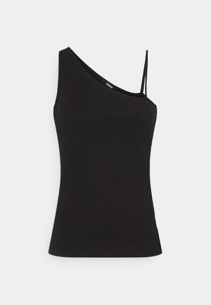 Débardeur noir à une épaule en tissu lisse, présentant une coupe ajustée et une fine bretelle réglable du côté droit.