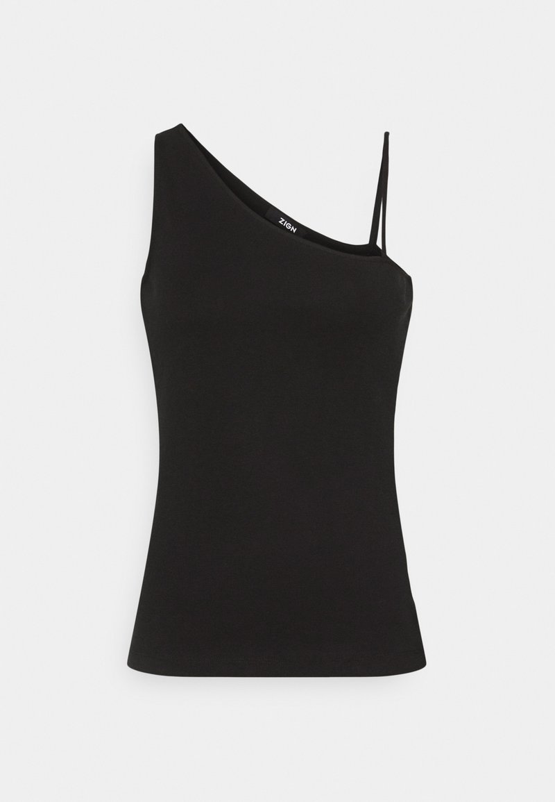 Débardeur noir à une épaule en tissu lisse, présentant une coupe ajustée et une fine bretelle réglable du côté droit.