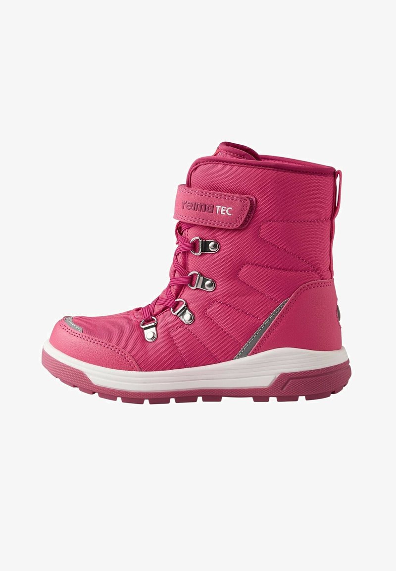 Child's bright pink winter boot with white sole, Velcro strap with "reima TEC" text, and metal eyelets for laces, designed for cold weather.