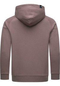 Kapa s kapuljačom u svijetloj mauve boji, izrađena od mekog materijala. Ima raglan rukave, rebraste manžete i šivenu oznaku na stražnjoj strani kapuljače.