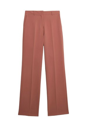 Wijdvallende broek in een zachte roestkleur. Gemaakt van gladde stof met strakke lijnen, voorzien van twee zijzakken en een aansluitende tailleband.