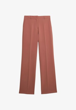 Wijdvallende broek in een zachte roestkleur. Gemaakt van gladde stof met strakke lijnen, voorzien van twee zijzakken en een aansluitende tailleband.