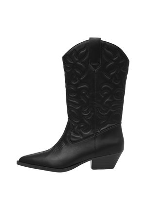 Schwarze Leder-Cowboystiefel mit kunstvollen erhabenen Stickmustern, spitzer Zehenform und leicht verjüngtem Absatz. Strukturiertes Schaftdesign.