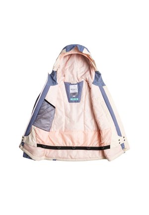 Veste isolante avec un schéma de couleurs rose pâle, bleu et crème. Comprend une capuche, une fermeture éclair et des poches intérieures en mesh.