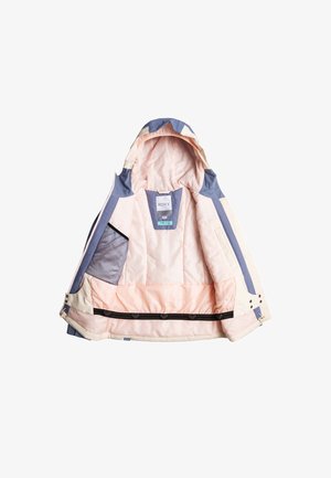 Isolierte Jacke in einem hellrosa, blauen und cremfarbenen Farbschema. Enthält eine Kapuze, einen Reißverschluss und innere Netzstoffeinschübe.