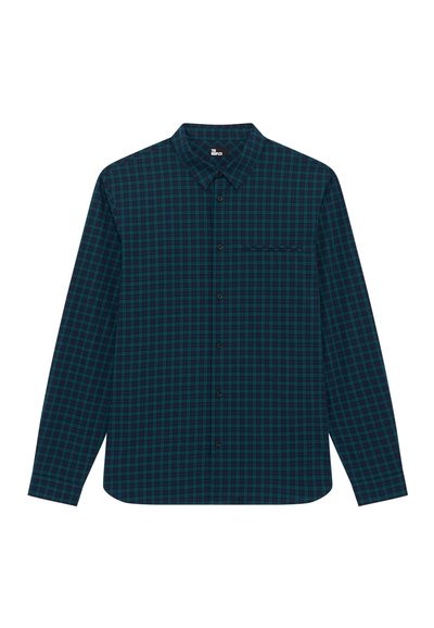 Camicia a maniche lunghe, con bottoni, in un motivo a quadri blu scuro e verde. Presenta una tasca sul petto e un tessuto di cotone liscio con colletto.